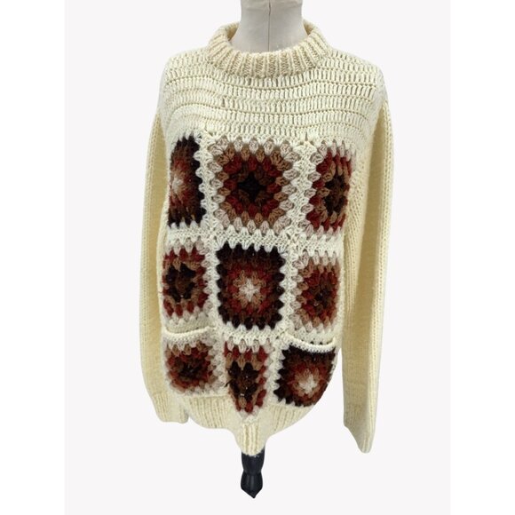 Handmade Sweaters - Vintage Womens Crochet Sweater Granny Square Est size XL Hippie Boho